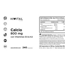 Calcio 800 mg con vitamina D3 y K2 240 comprimidos Hivital