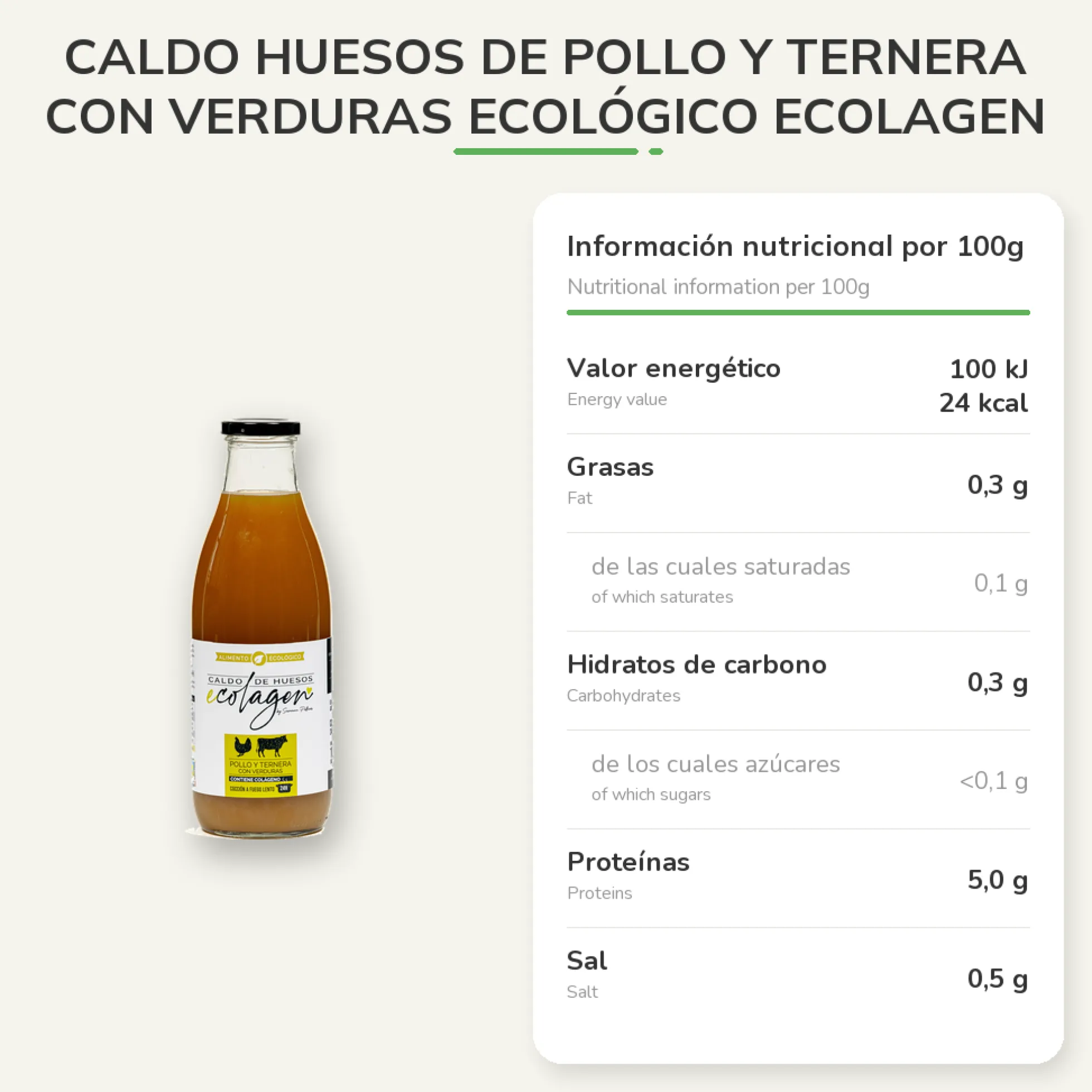Caldo Huesos de Pollo y Ternera con verduras ecológico Ecolagen 1L
