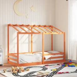 Cama Infantil Con Techo Madera Maciza Pino Marrón 90x190 Cm