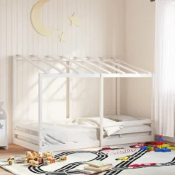 Cama Infantil Con Techo Madera Maciza Pino Blanca 90x200 Cm