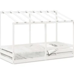 Cama Infantil Con Techo Madera Maciza Pino Blanca 100x200 Cm