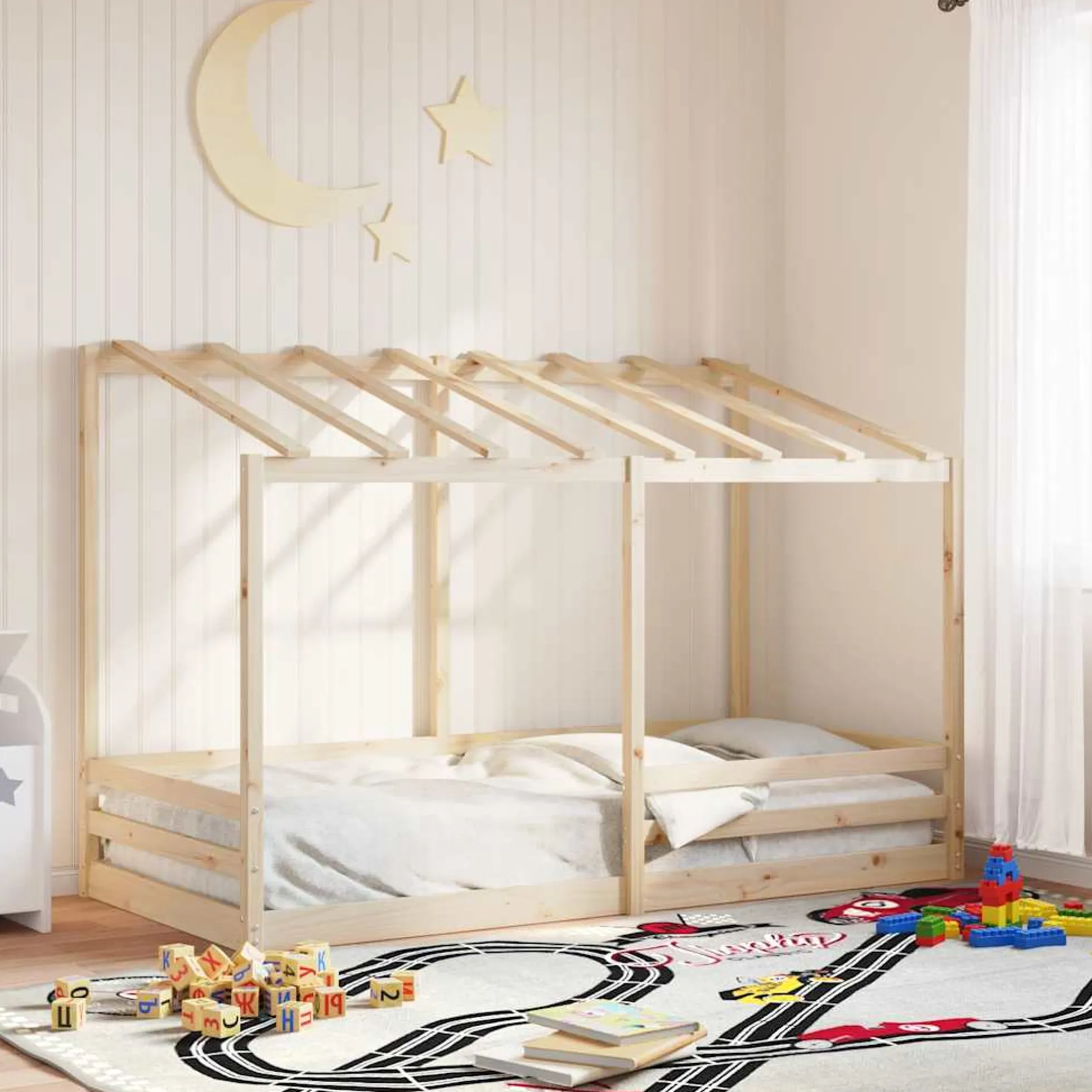Cama Infantil Con Techo Madera Maciza Pino 90x200 Cm