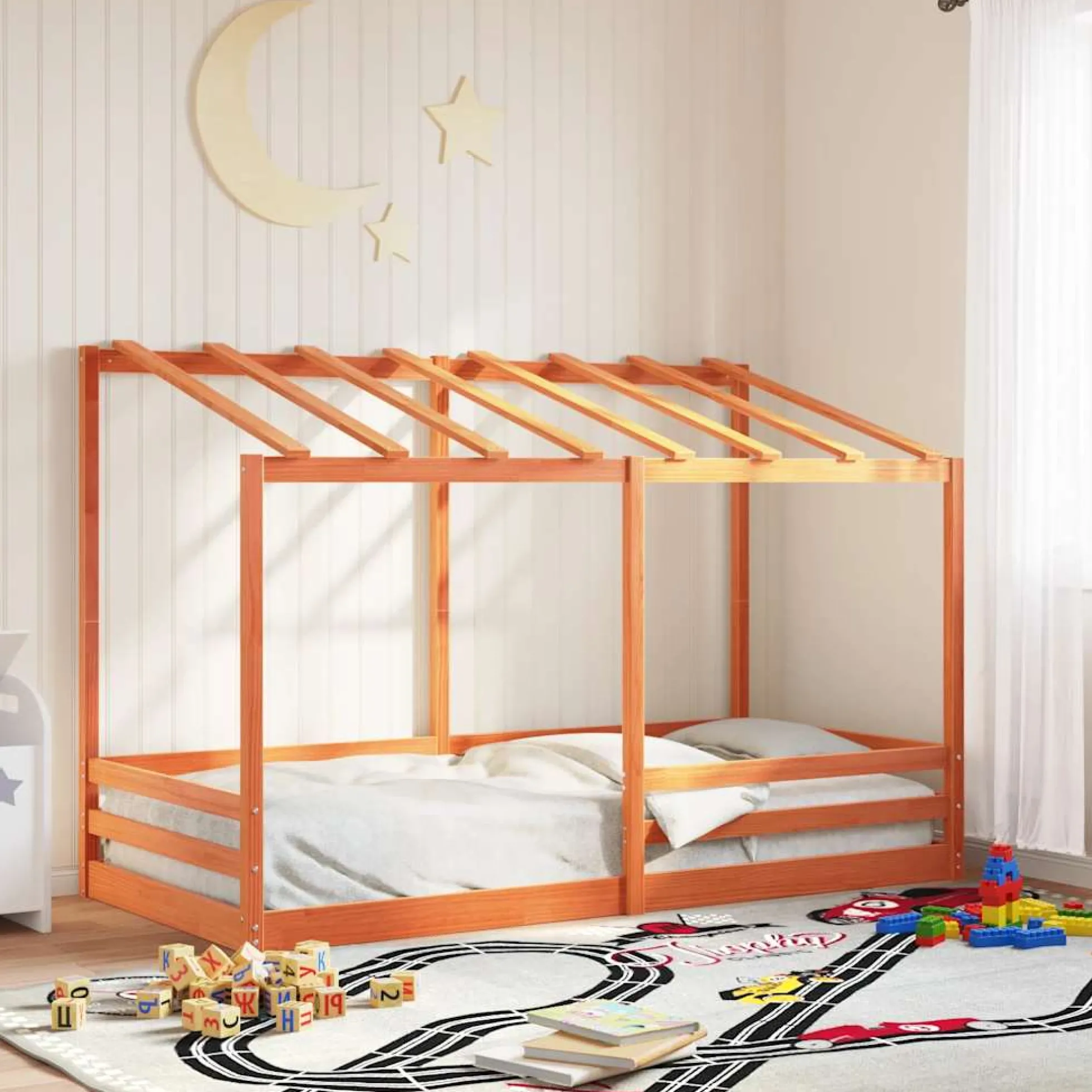 Cama Infantil Con Techo Madera Maciza Pino Marrón 80x200 Cm