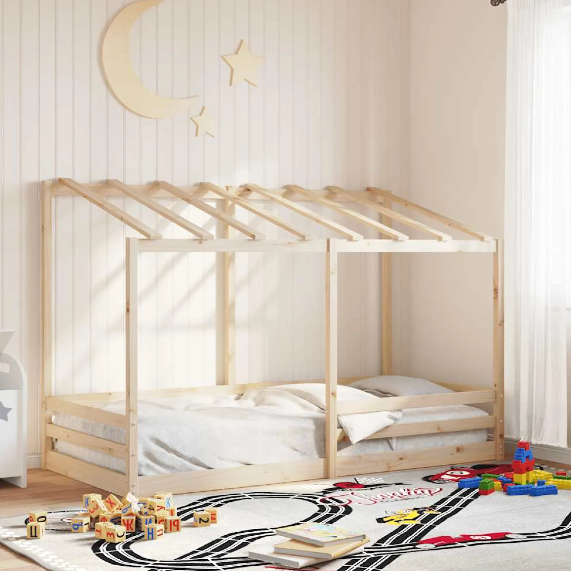 Cama Infantil Con Techo Madera Maciza Pino 100x200 Cm