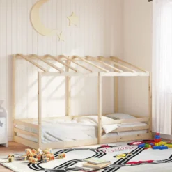 Cama Infantil Con Techo Madera Maciza Pino Blanca 80x200 Cm