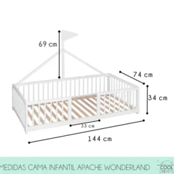 Cama Infantil Tipi Apache 140x70cm Para Niños A Partir De Los 2 Años. Cama Montessori De Madera De Haya Y Color Blanco