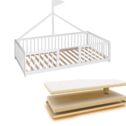 Cama Montessori Apache 140×70 Cm De Madera De Haya Con Colchón Sanitario Ternum, Color Blanco