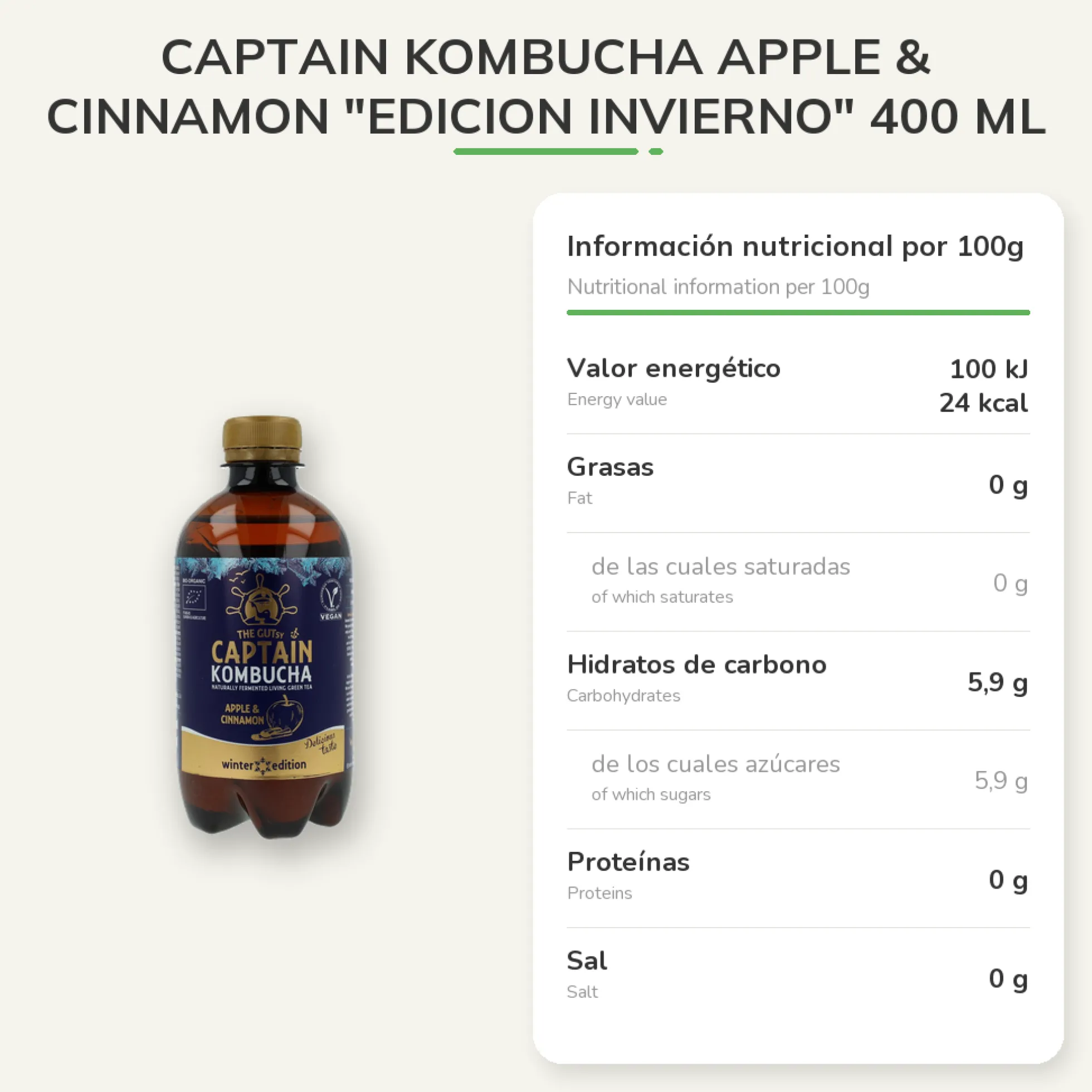 Captain Kombucha Apple & Cinnamon "Edicion Invierno" 400 Ml