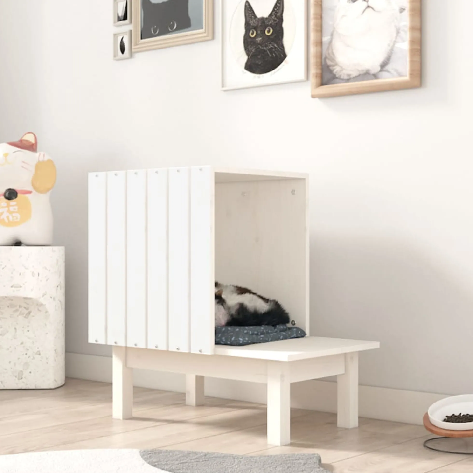 Casa Para Gatos De Madera Maciza De Pino Blanco 60x36x60 Cm