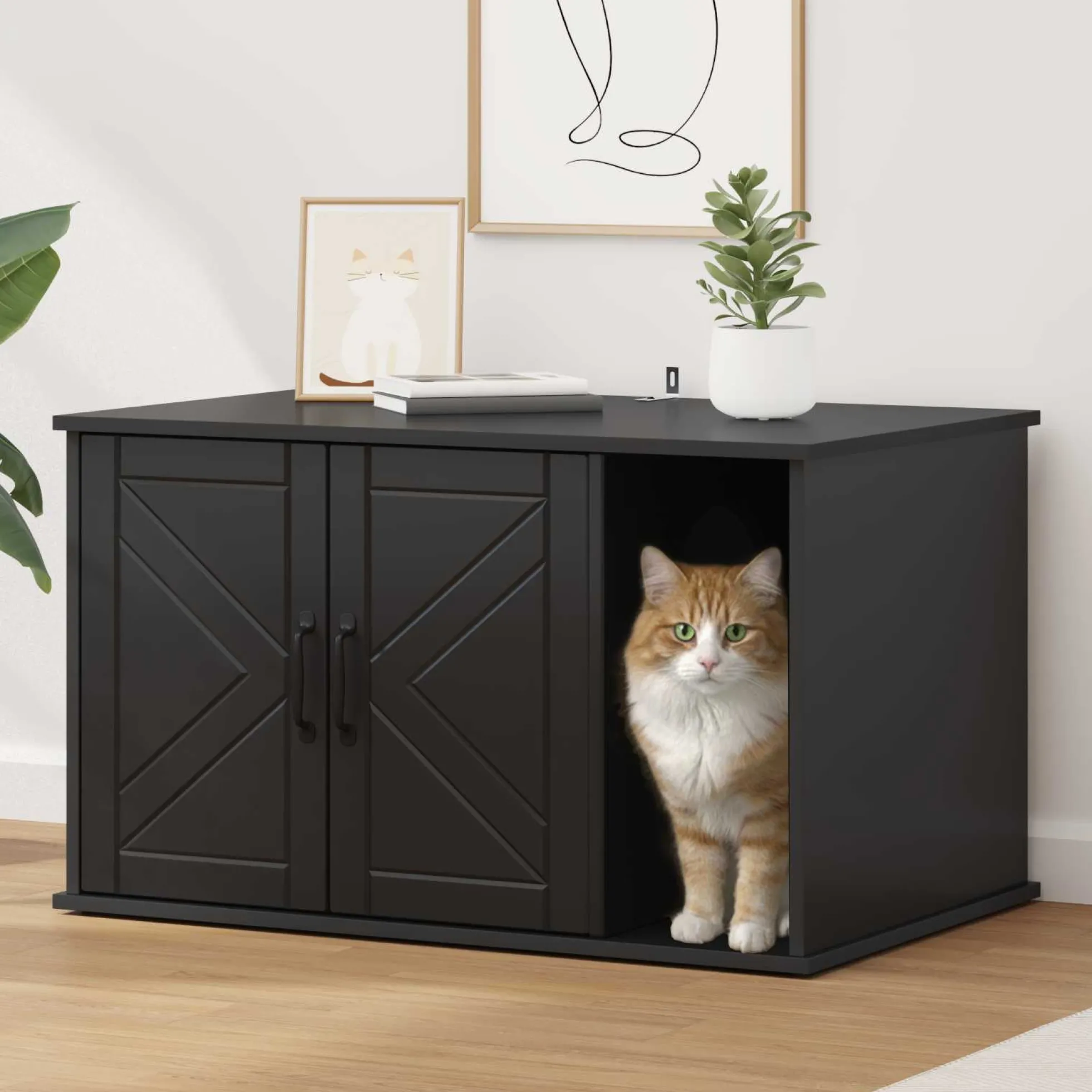Casa Para Gatos Negro 85 X 55 X 50 Cm Madera De Ingeniería