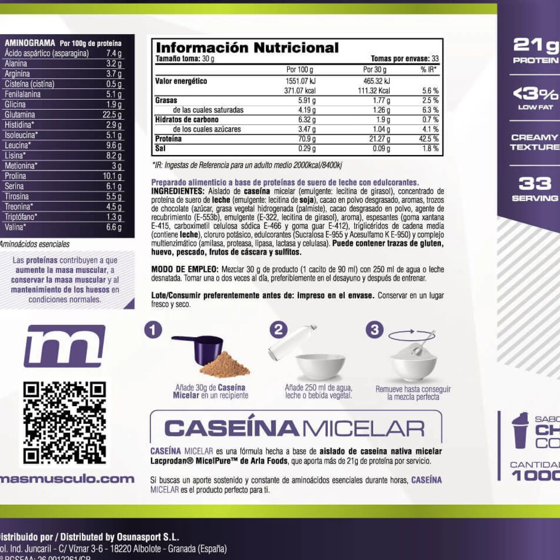 Caseína Micelar Nativa Micelpure™ - 1kg - Batido Chocolat - Ayuda A Mantener La Masa Muscula - Masmusculo