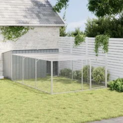 Caseta Para Perro Con Corral Antracita 197x396x110 Cm Acero Galvanizado