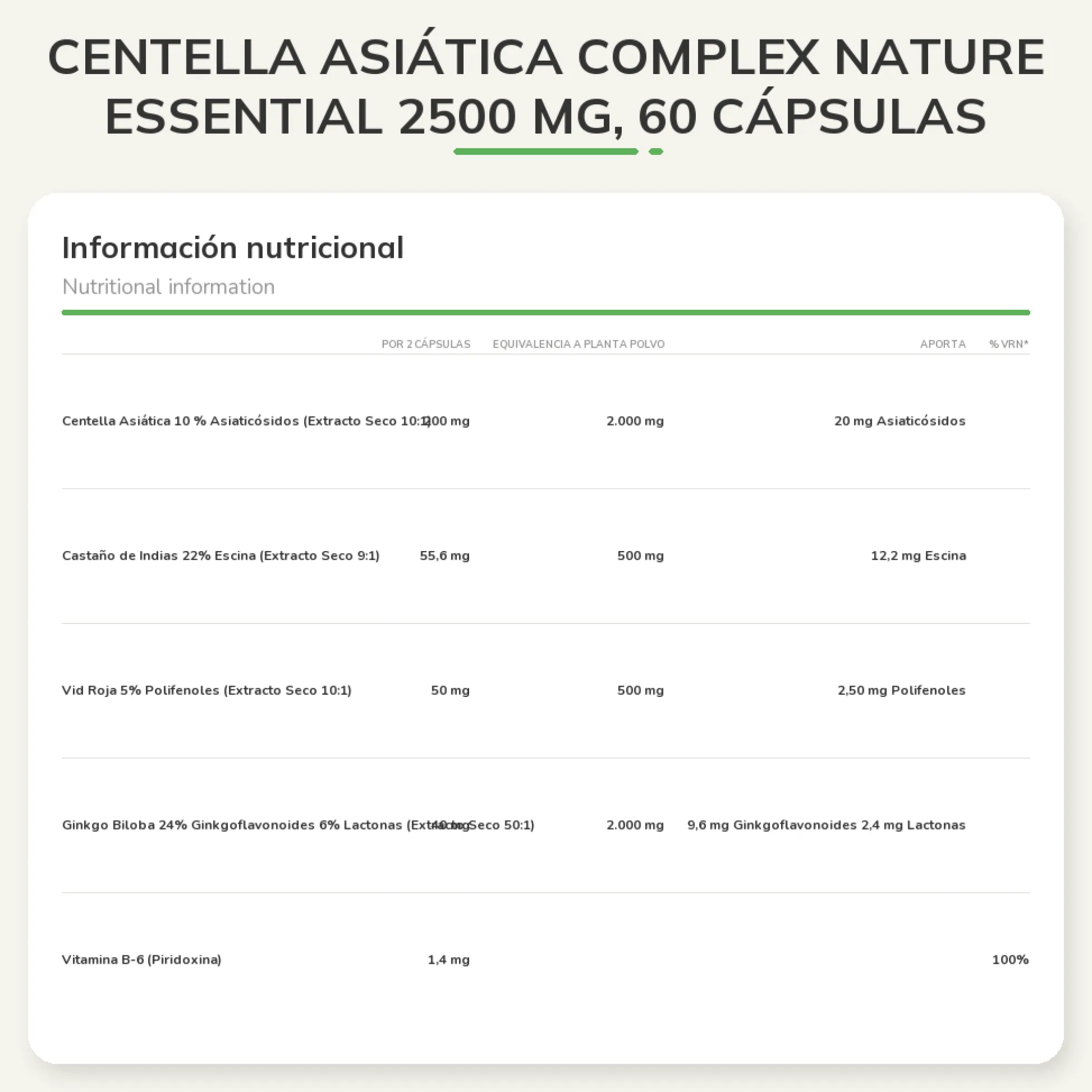 Centella asiática complex Nature Essential 2500 mg, 60 cápsulas