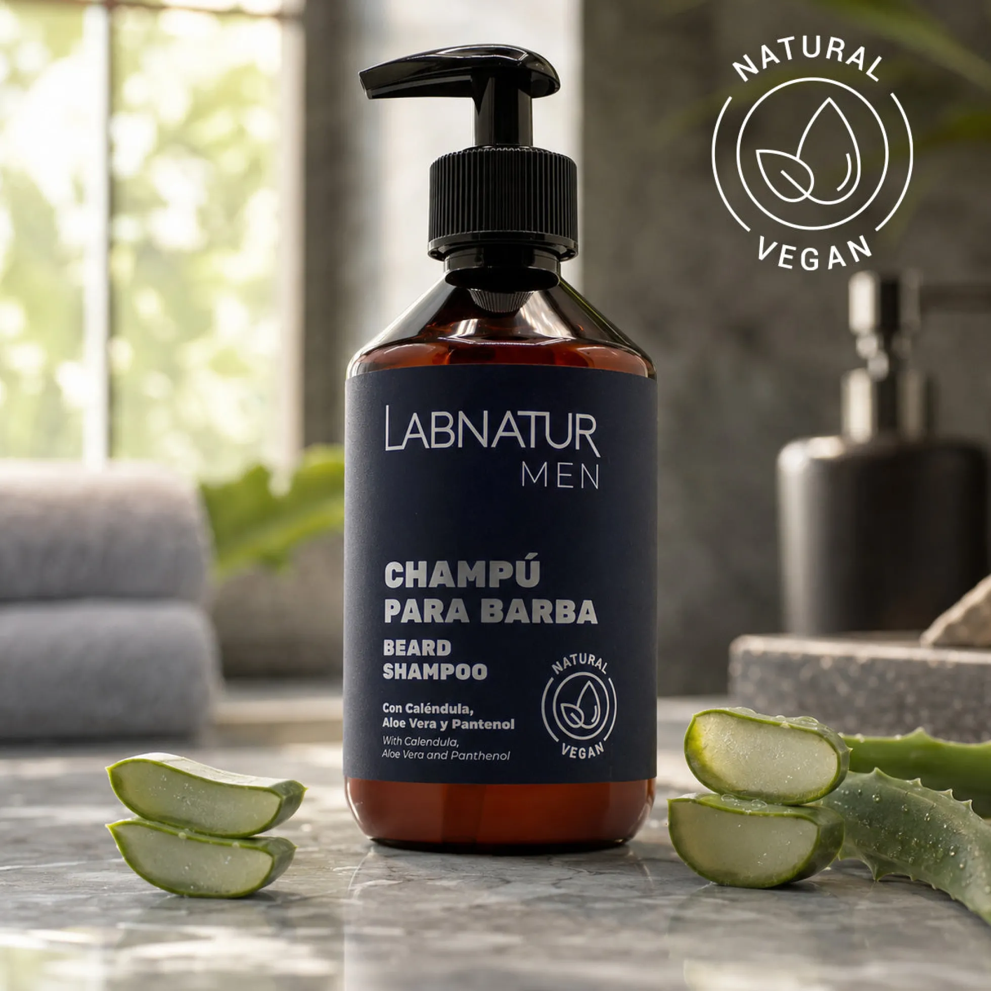 Champú Natural para Barba Labnatur 300 ml | Caléndula, Aloe Vera y Pantenol | Limpia, Hidrata y Suaviza | Vegano