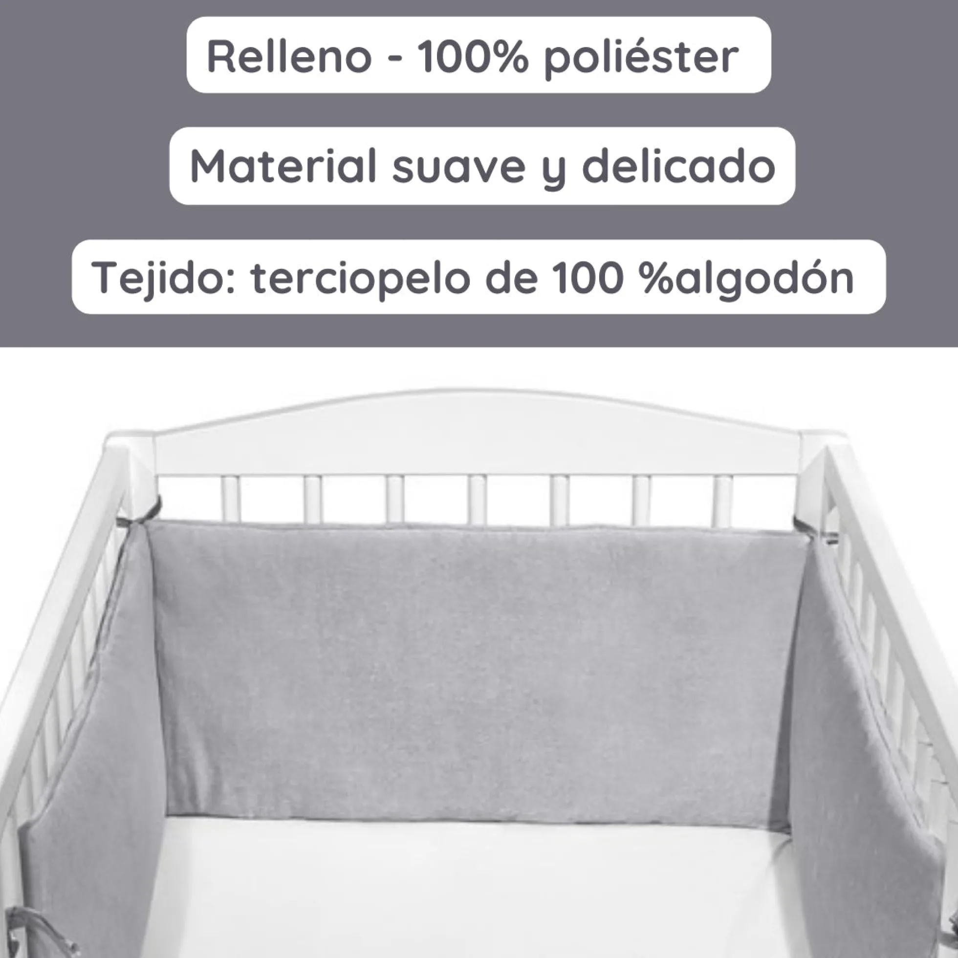 Chichonera Para Cuna 180x30 Velour Algodón Gris
