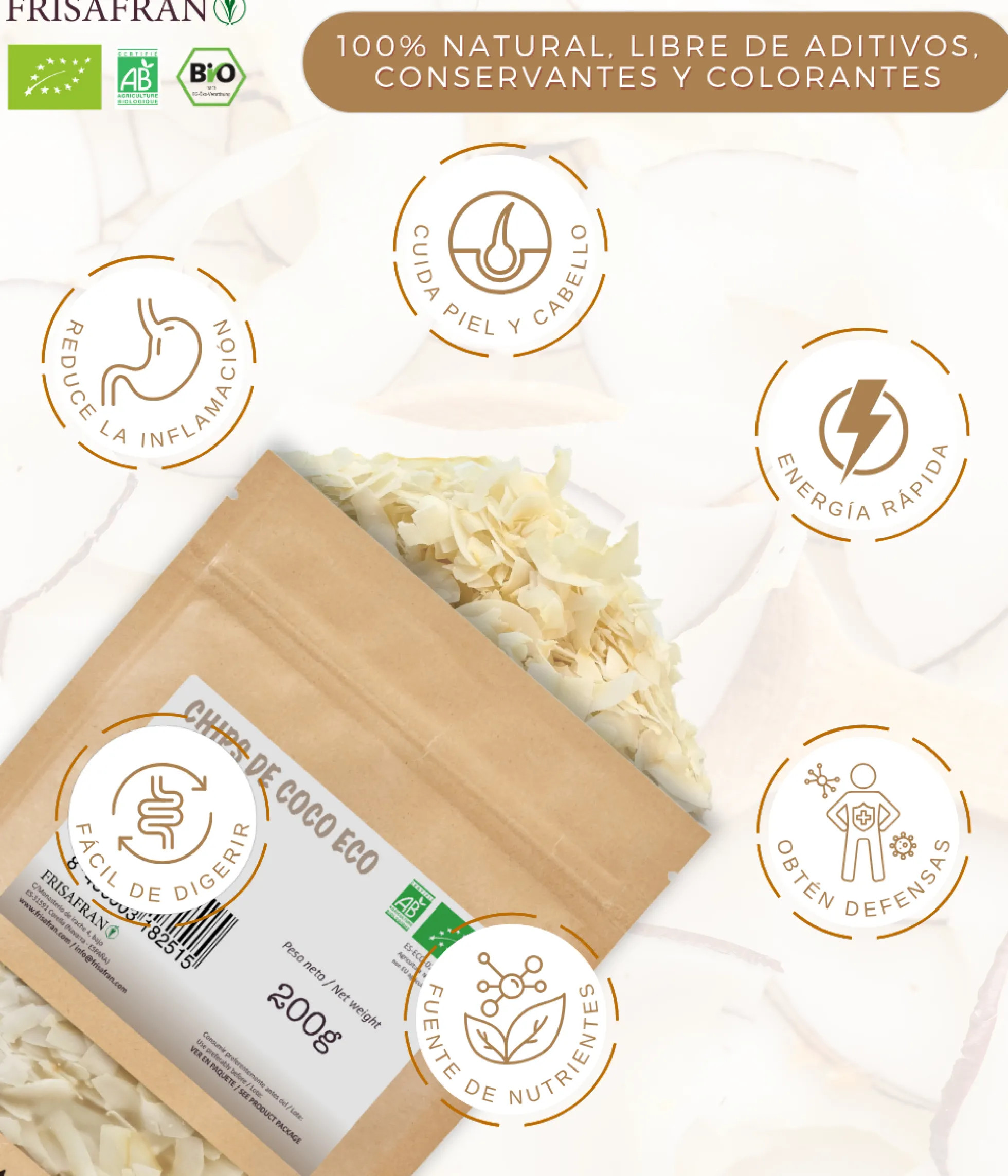 Chips De Coco Ecológicos | Deshidratados | Frisafran 200 G