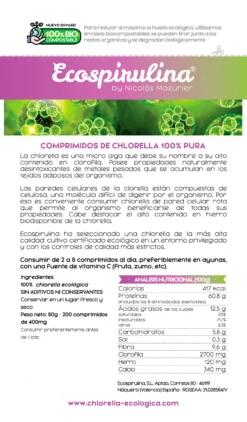 Chlorella Ecológica De Pared Celular Rota Ecospirulina 200 Comprimidos