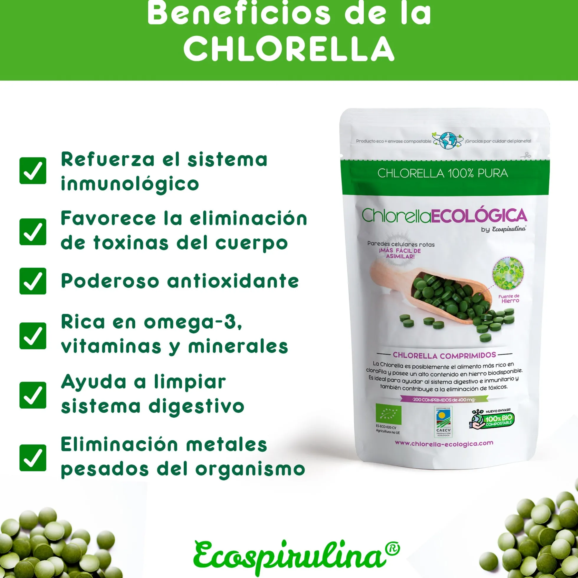Chlorella Ecológica De Pared Celular Rota Ecospirulina 200 Comprimidos