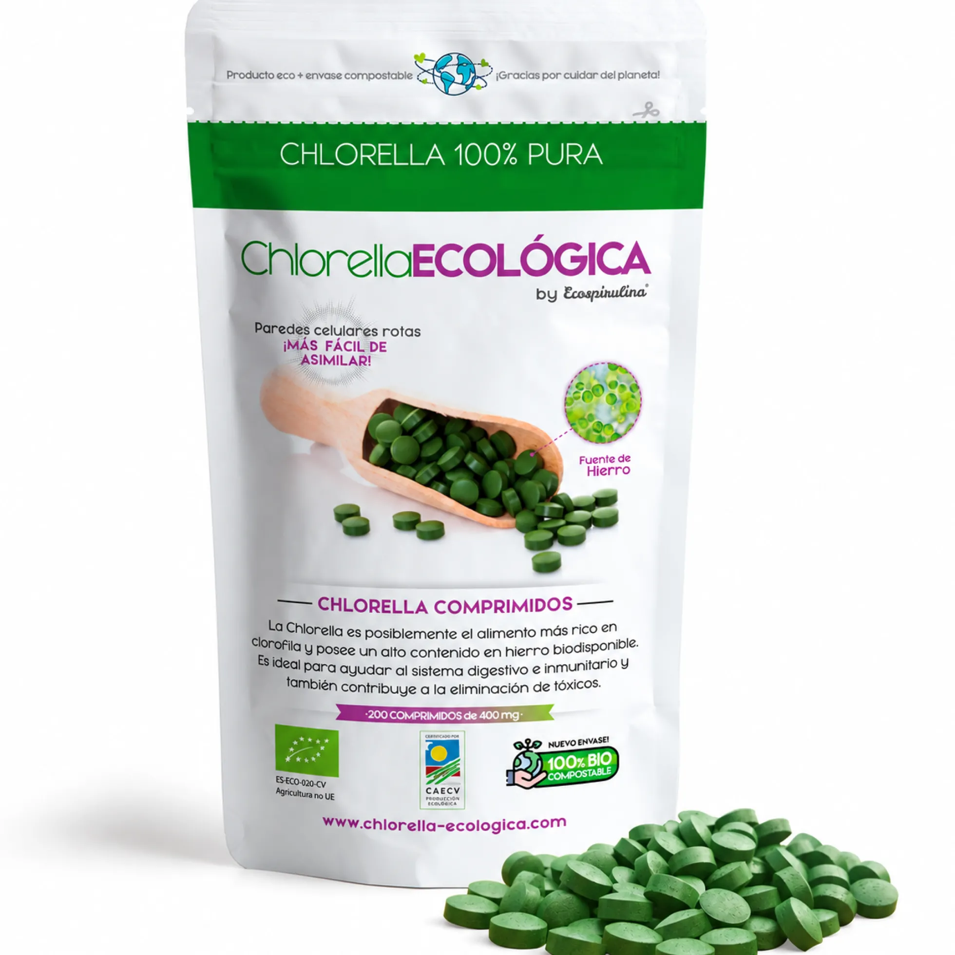 Chlorella Ecológica De Pared Celular Rota Ecospirulina 200 Comprimidos