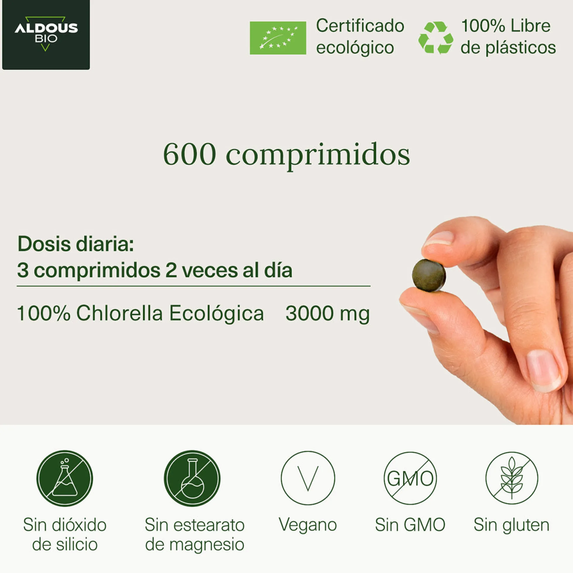 Chlorella Ecológica Premium, Aldous Bio, 600 comprimidos