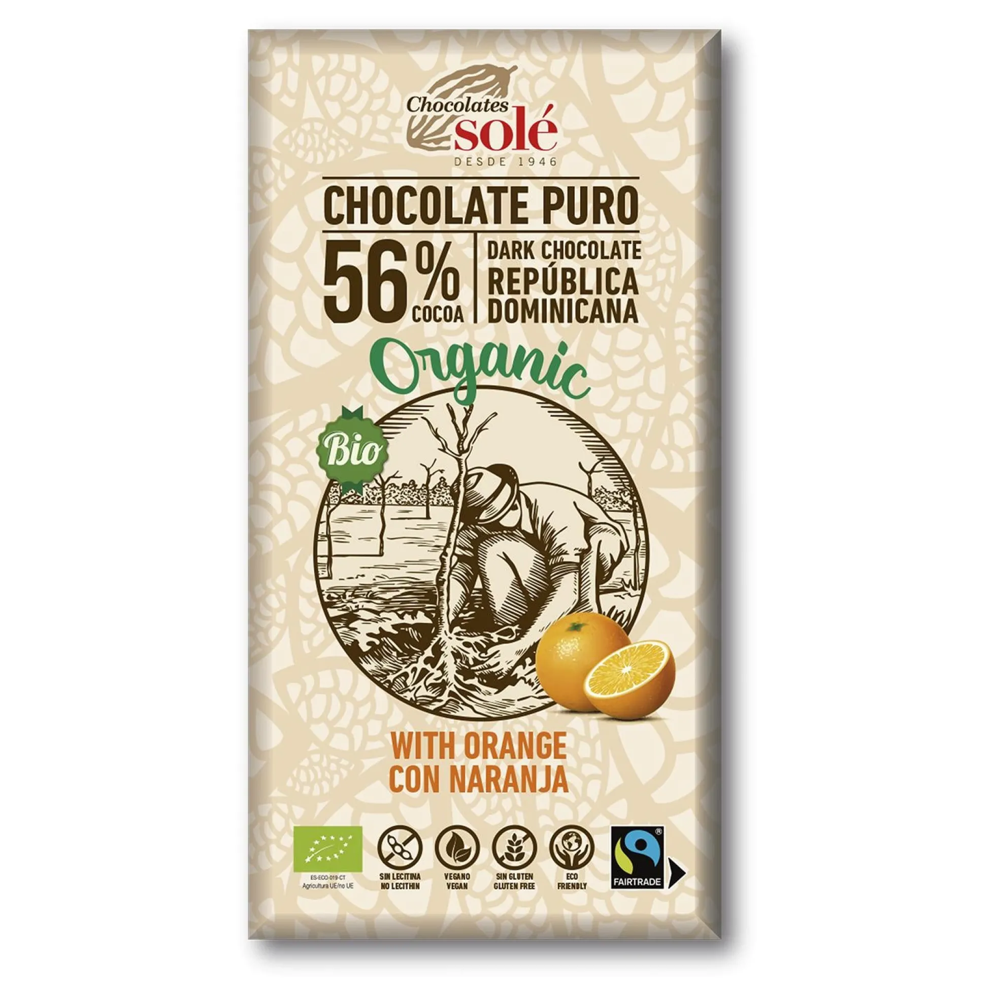 Chocolate Negro con Naranja 56% Cacao ECO Chocolates Solé 100g