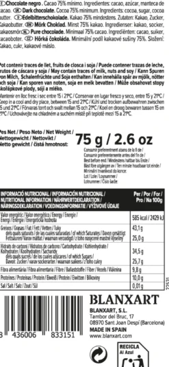 Chocolate Negro 75% Vegano Sin gluten Blanxart 75 g