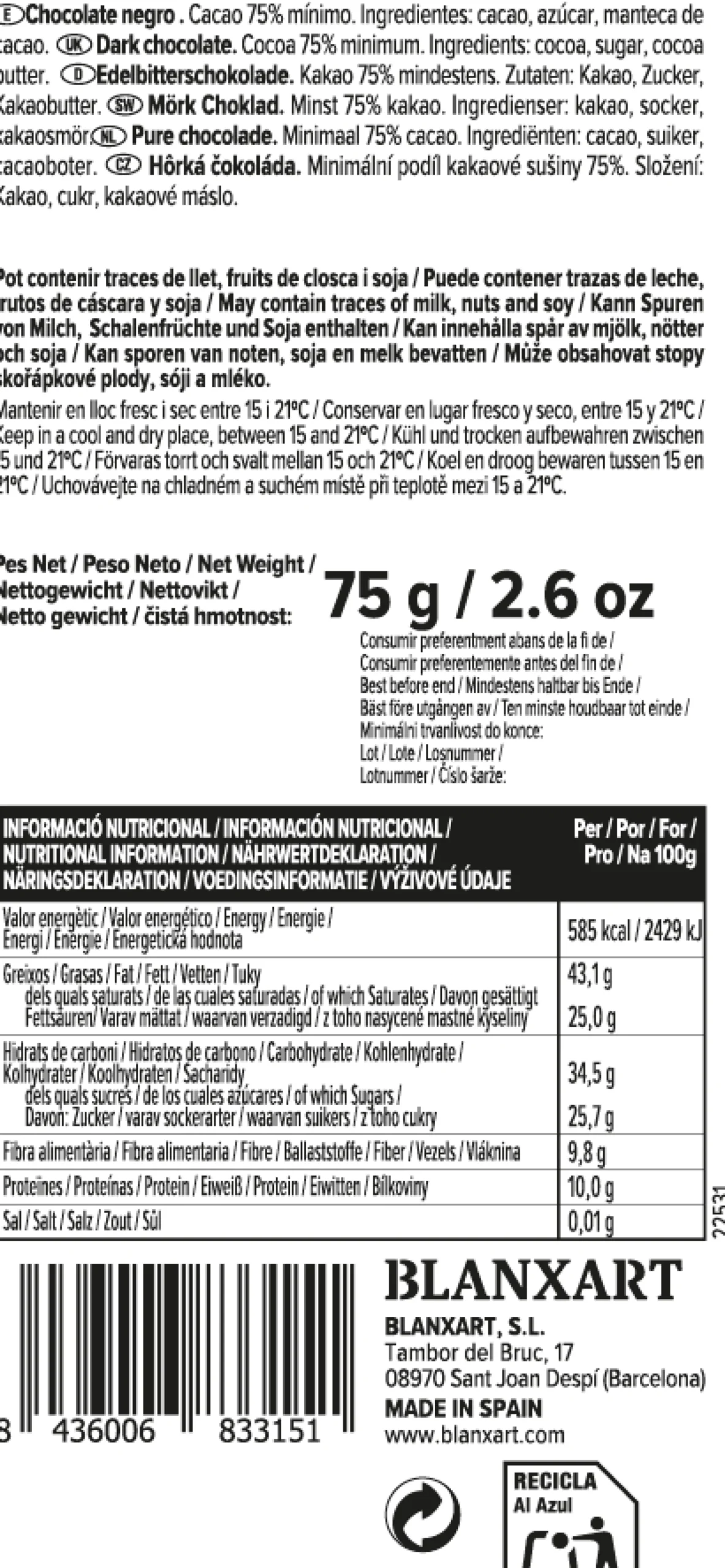 Chocolate Negro 75% Vegano Sin gluten Blanxart 75 g