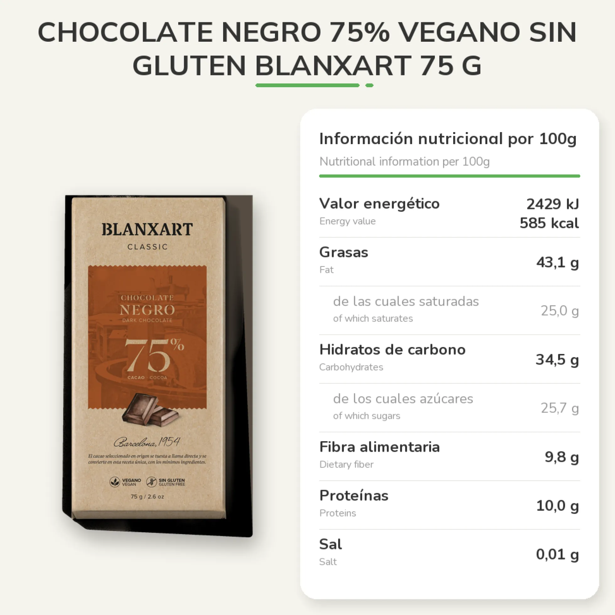 Chocolate Negro 75% Vegano Sin gluten Blanxart 75 g