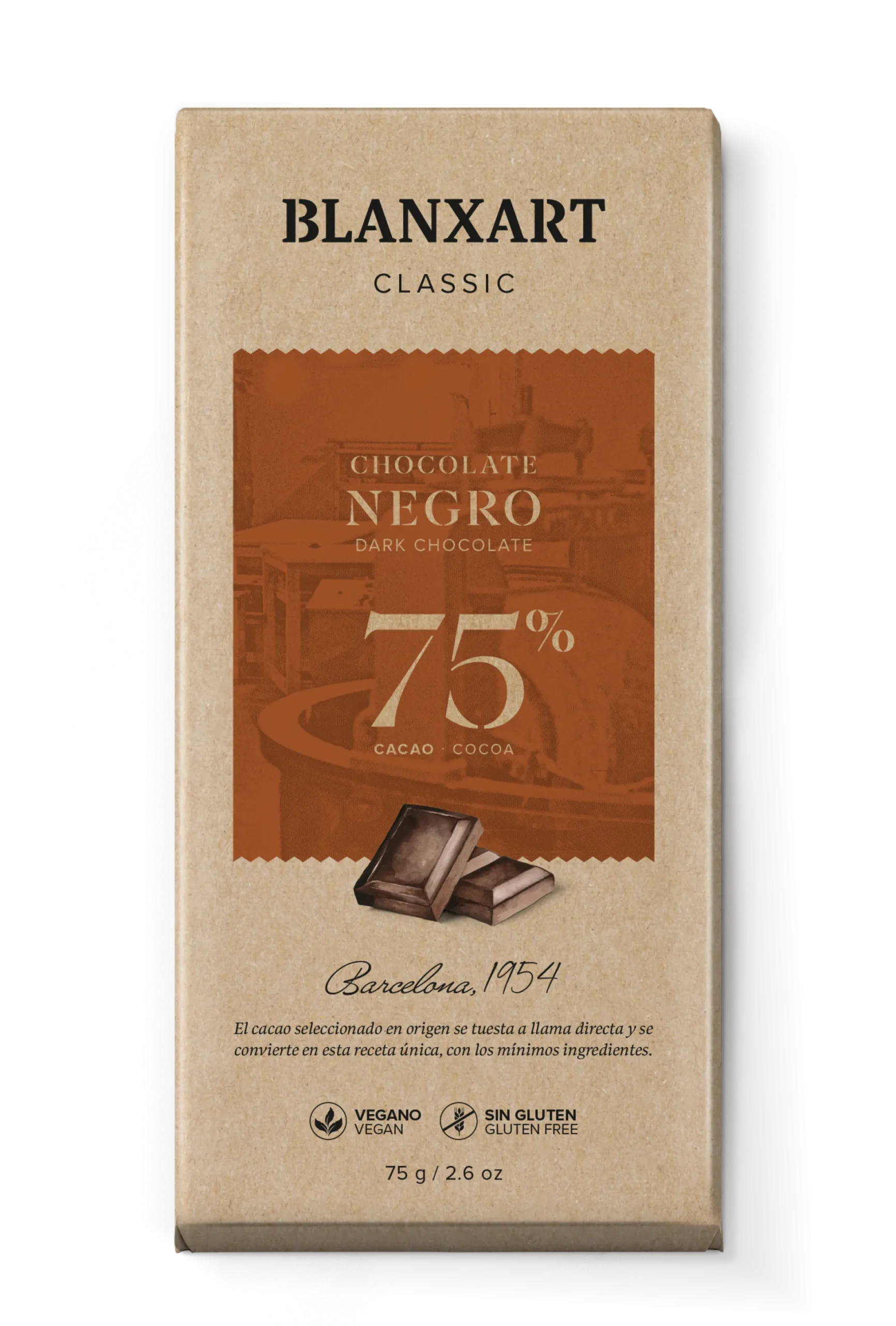 Chocolate Negro 75% Vegano Sin gluten Blanxart 75 g