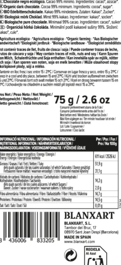 Chocolate Negro 99% Vegano Sin gluten ECO Blanxart 75 g