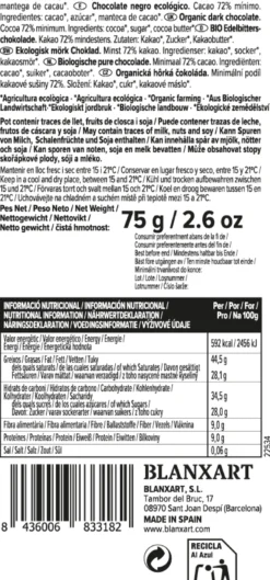 Chocolate Negro 72% Vegano Sin gluten ECO Blanxart 75 g
