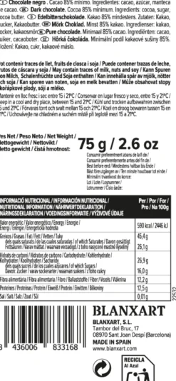 Chocolate Negro 85% Vegano Sin gluten Blanxart 75 g