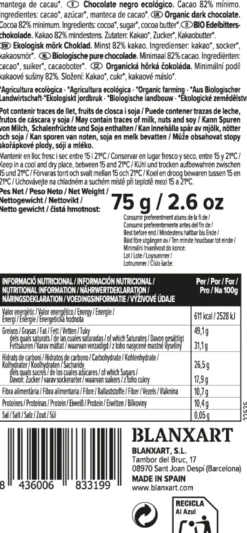 Chocolate Negro 82% Vegano Sin gluten ECO Blanxart 75 g