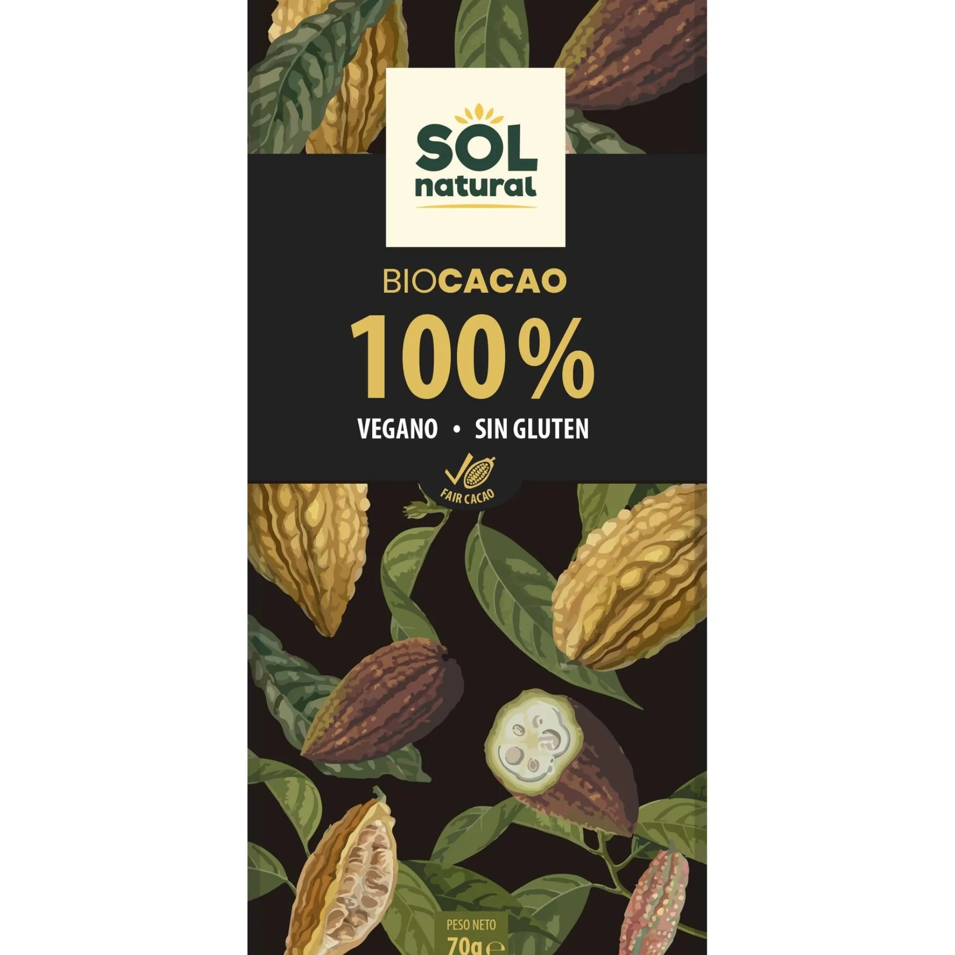 Chocolate vegano 100% cacao bio Sol Natural 70 g