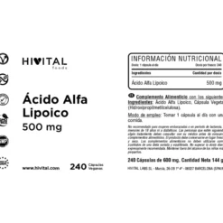 Ácido alfa lipoico 500 mg Hivital 240 cápsulas veganas