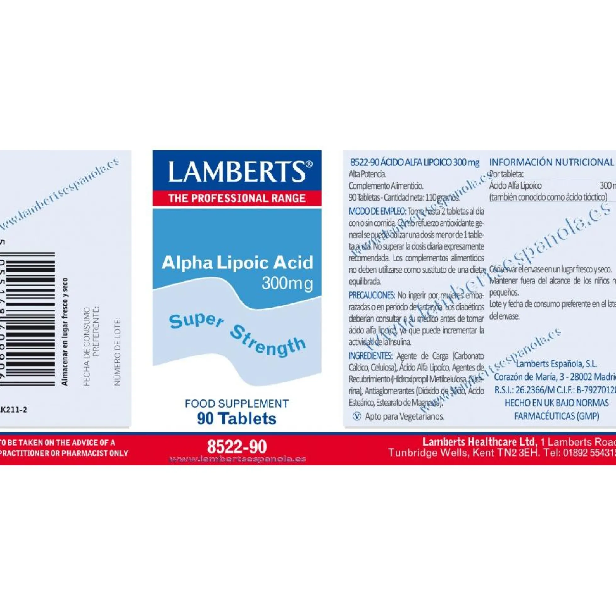 Ácido Alfa Lipoico 300 mg Lamberts, 90 tabletas