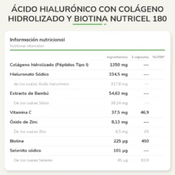 Ácido hialurónico con colágeno hidrolizado y biotina Nutricel 180 cápsulas