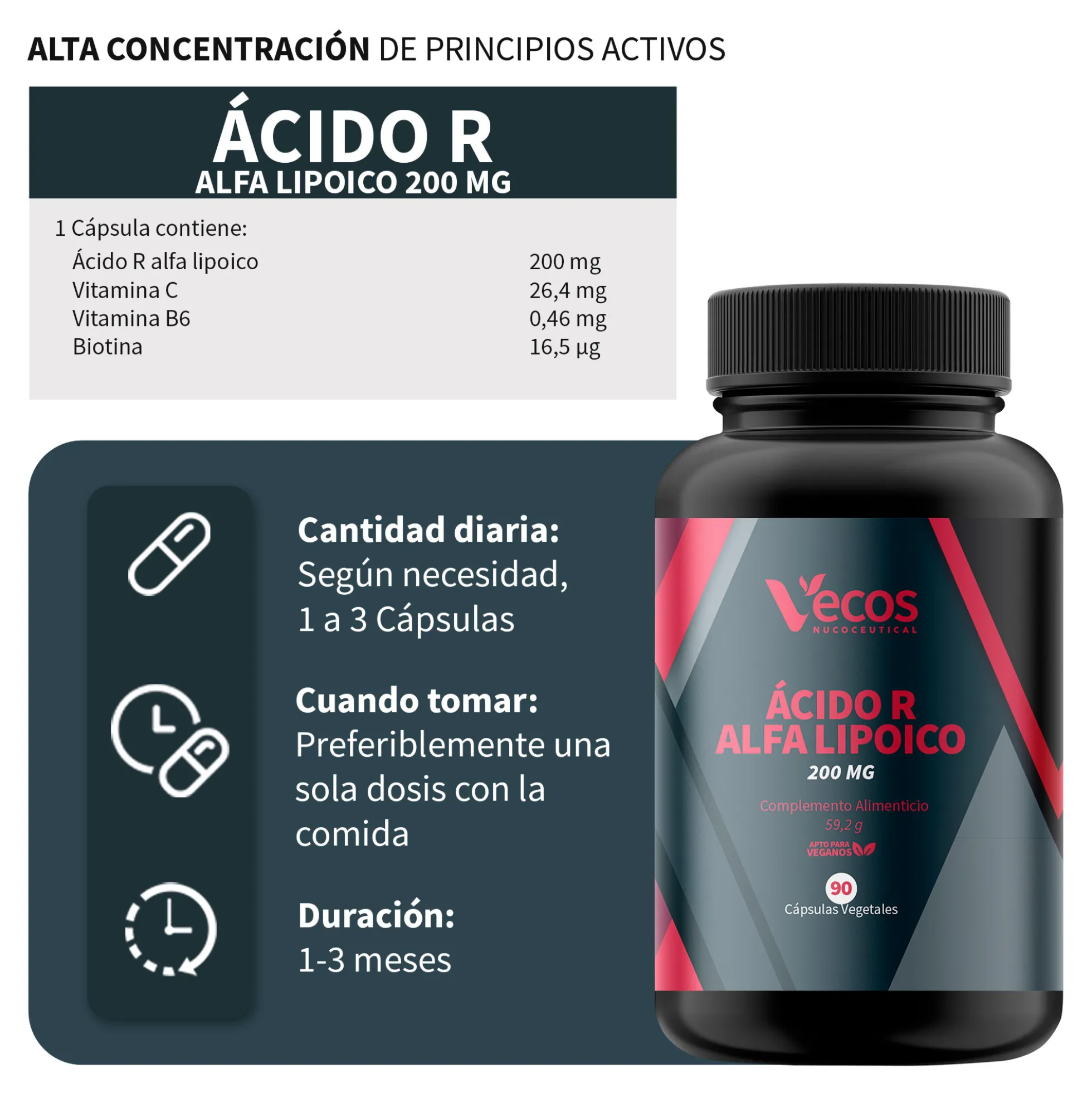 Ácido R Alfa Lipoico 200 Mg Vecos 90 Cápsulas | Antiedad Y Antioxidante Natural | Con Vitamina C + Protector Celular