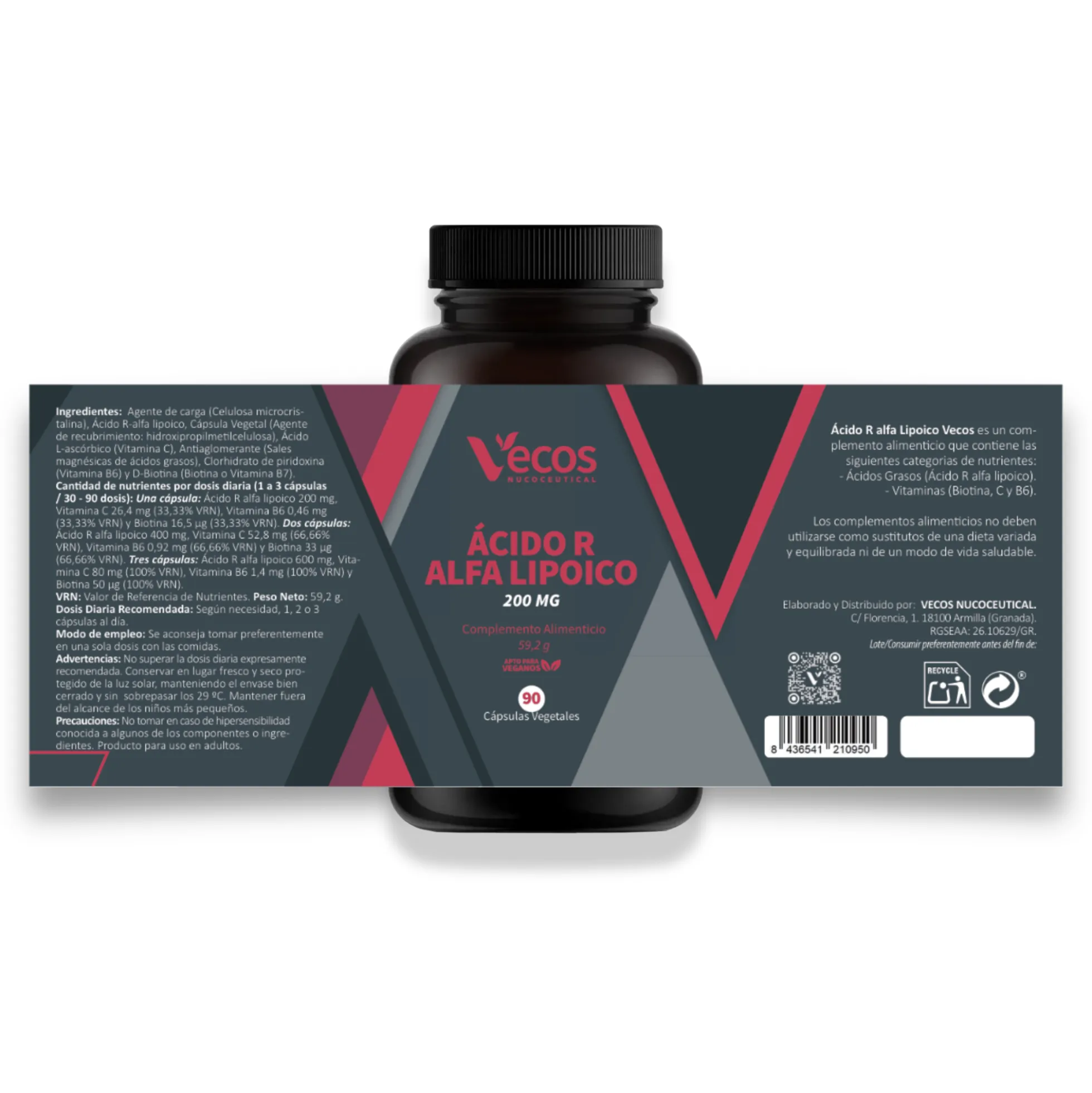 Ácido R Alfa Lipoico 200 Mg Vecos 90 Cápsulas | Antiedad Y Antioxidante Natural | Con Vitamina C + Protector Celular