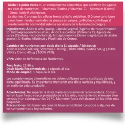 Ácido R Lipoico 600 Mg Vecos 30 Cápsulas | Potente Antioxidante | Con Vitamina C, Biotina Y Cromo