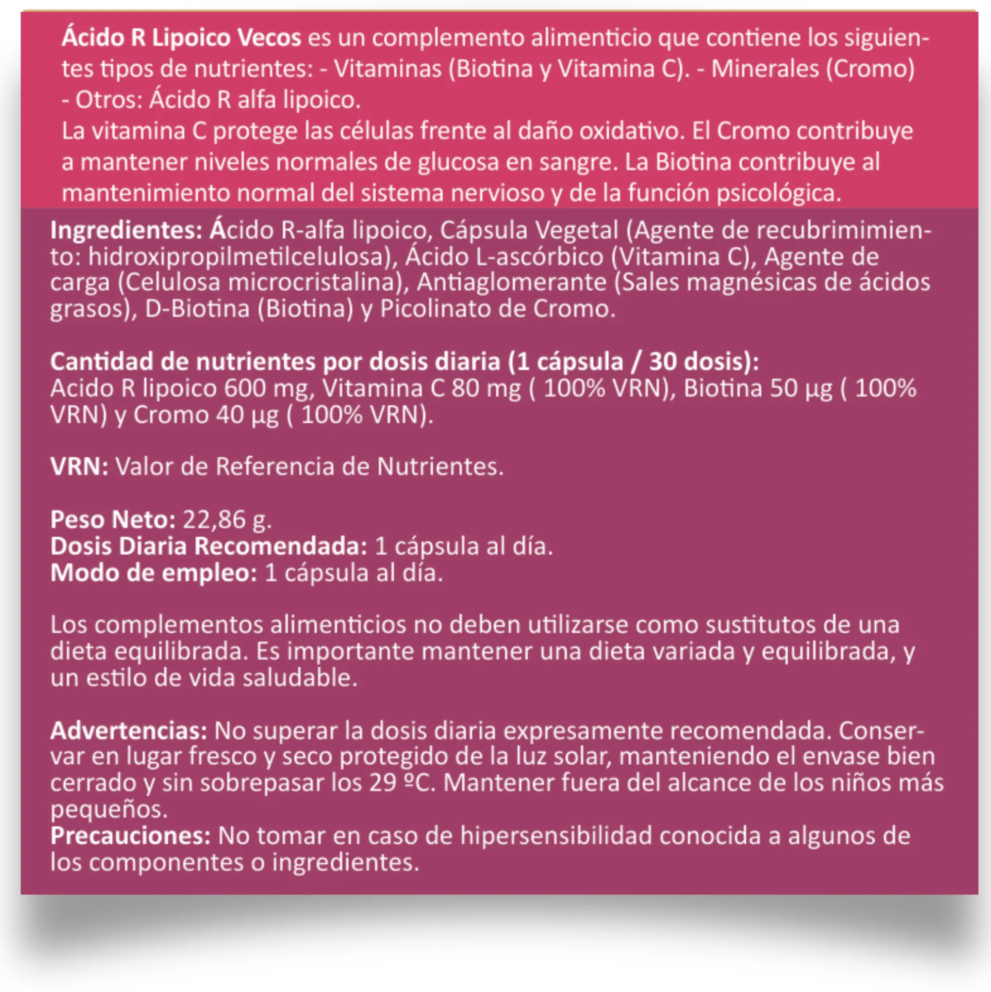 Ácido R Lipoico 600 Mg Vecos 30 Cápsulas | Potente Antioxidante | Con Vitamina C, Biotina Y Cromo