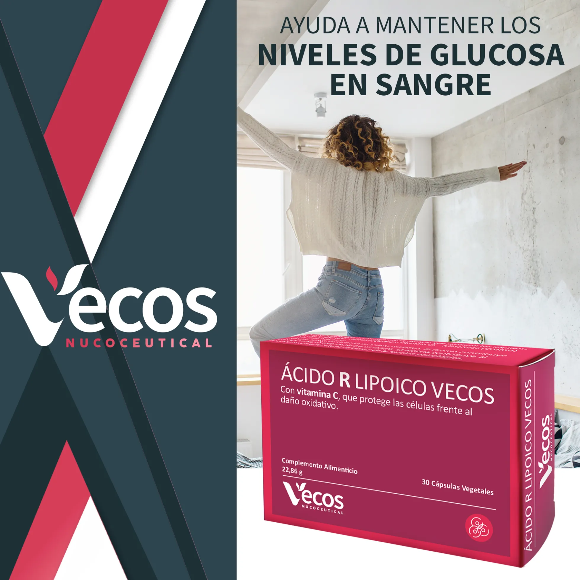 Ácido R Lipoico 600 Mg Vecos 30 Cápsulas | Potente Antioxidante | Con Vitamina C, Biotina Y Cromo