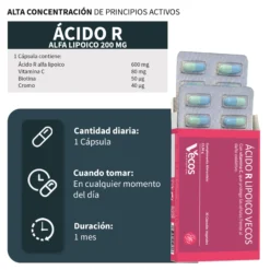 Ácido R Lipoico 600 Mg Vecos 30 Cápsulas | Potente Antioxidante | Con Vitamina C, Biotina Y Cromo