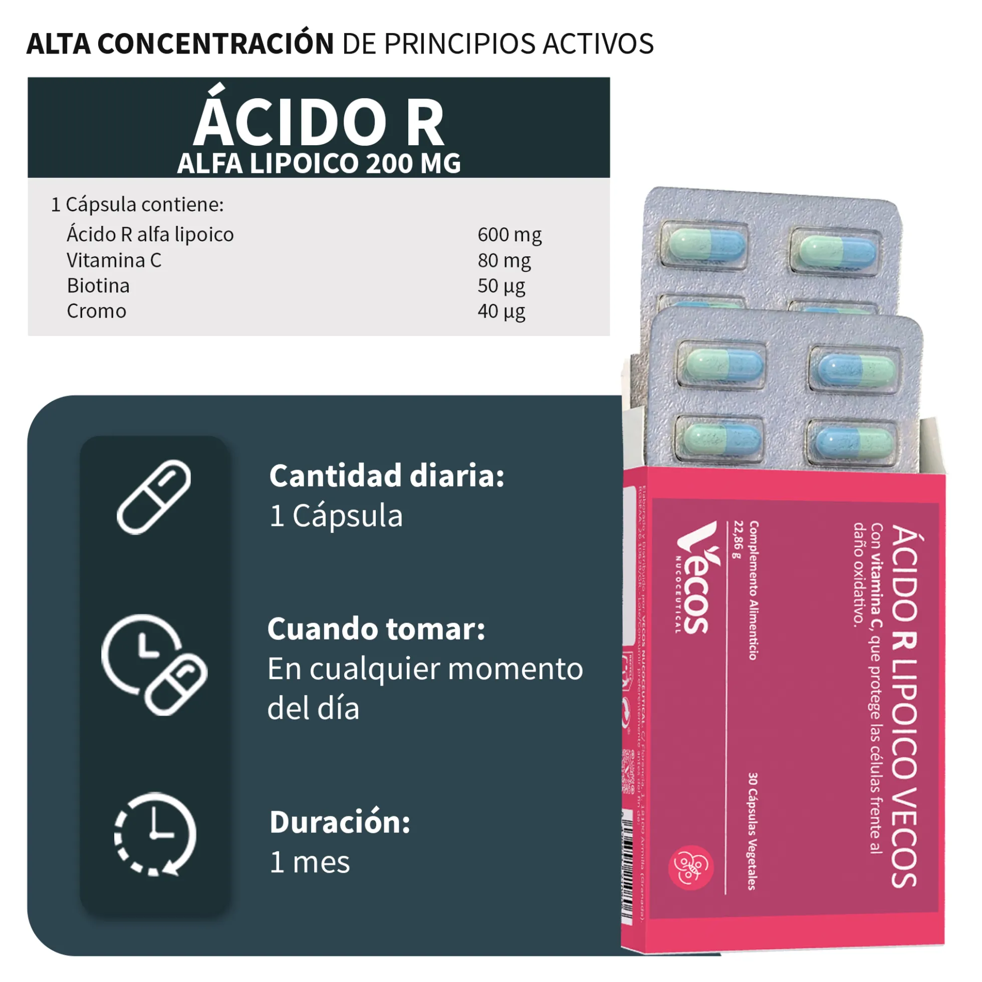 Ácido R Lipoico 600 Mg Vecos 30 Cápsulas | Potente Antioxidante | Con Vitamina C, Biotina Y Cromo
