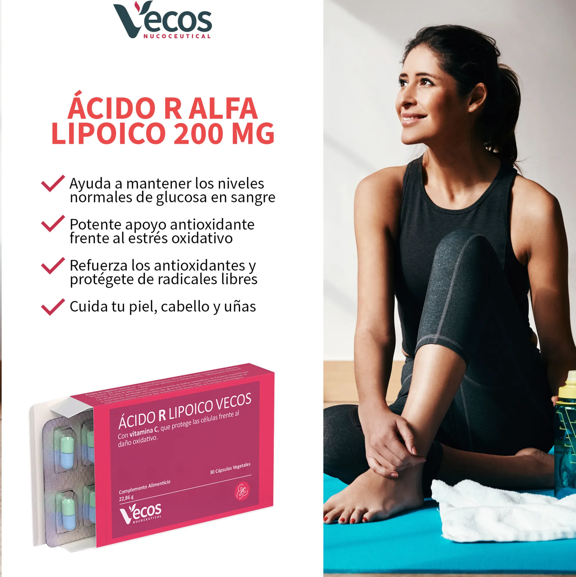 Ácido R Lipoico 600 Mg Vecos 30 Cápsulas | Potente Antioxidante | Con Vitamina C, Biotina Y Cromo
