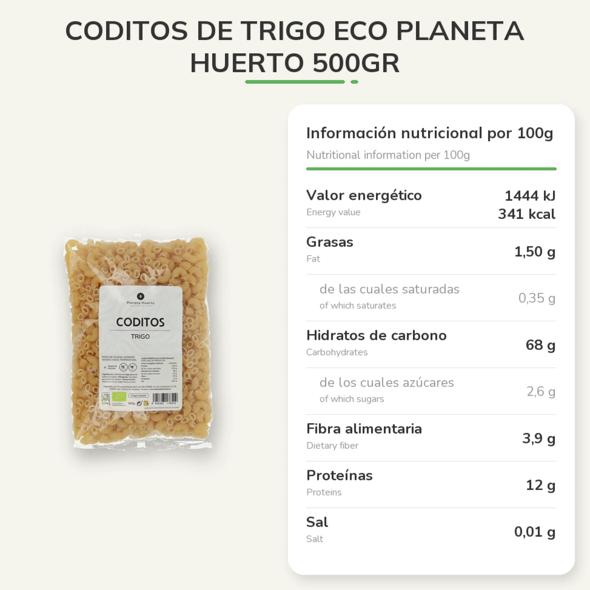 Coditos de trigo ECO Planeta Huerto 500gr