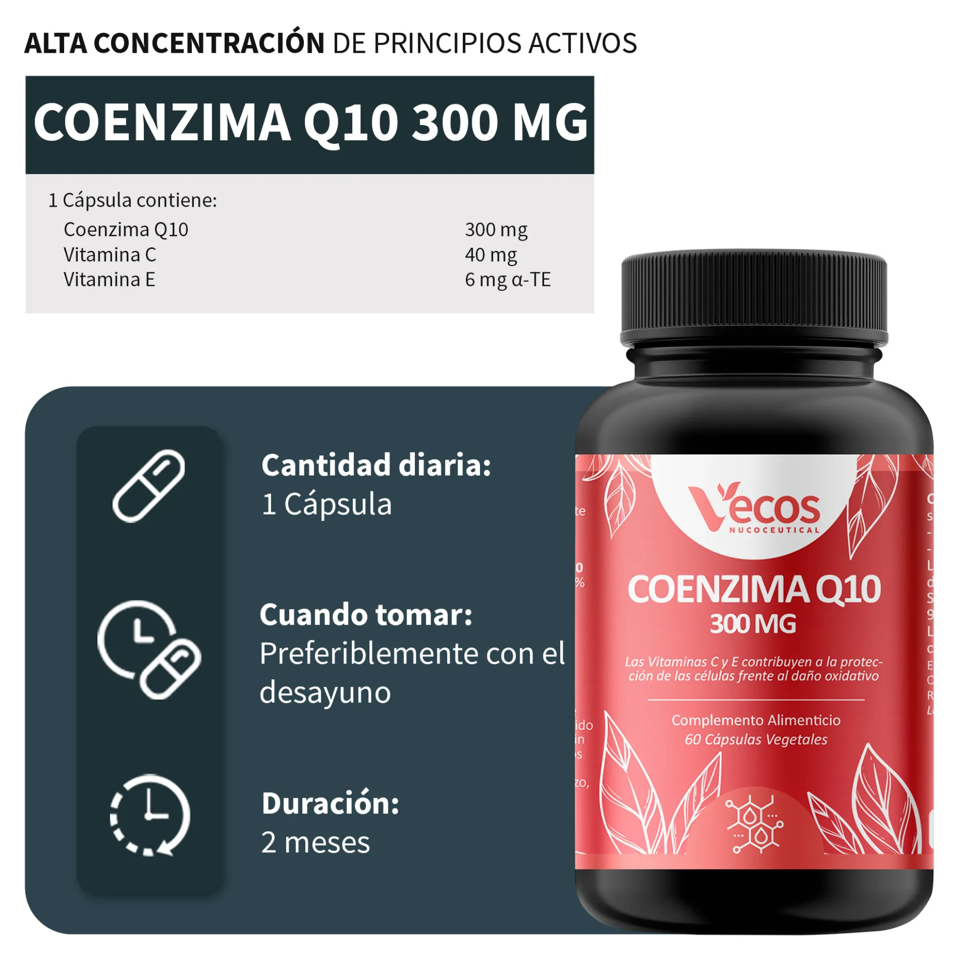 Coenzima Q10 300 Mg Vecos | Rendimiento Físico, Corazon Saludable Y Apoyo Energético