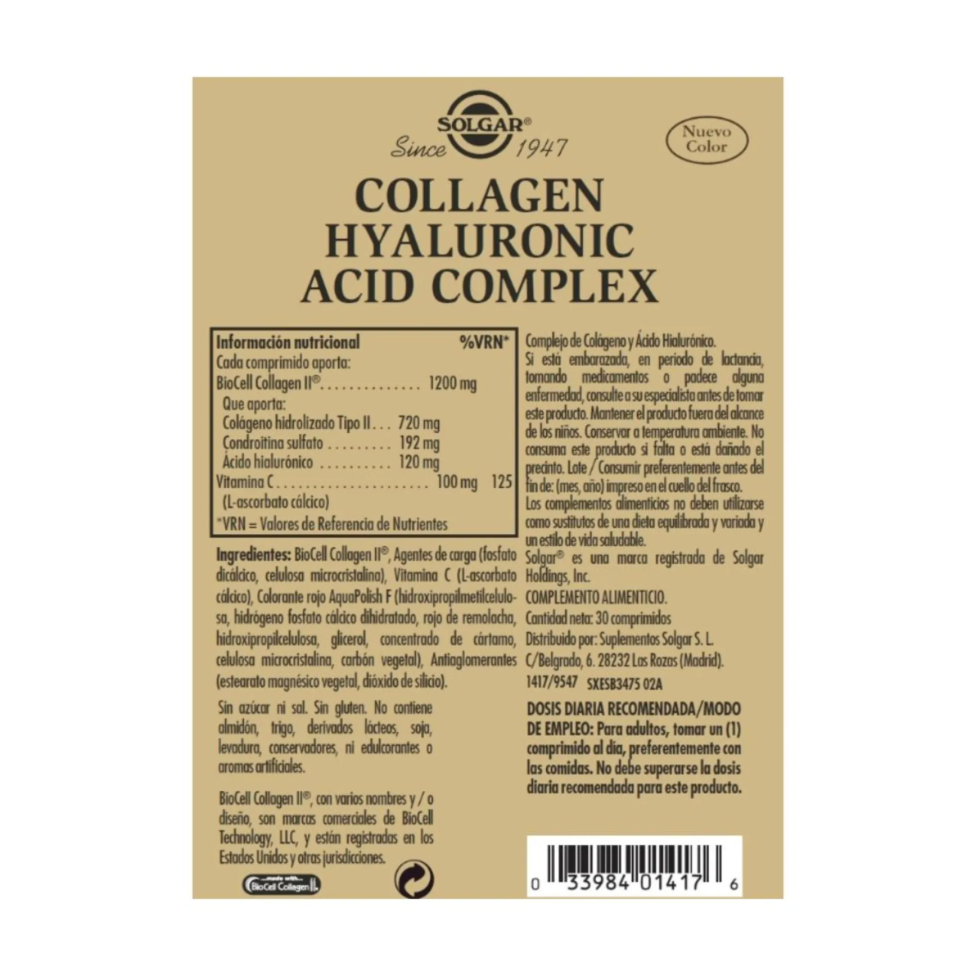 Colágeno ácido hialurónico complex 30 comp 120 mg-Solgar