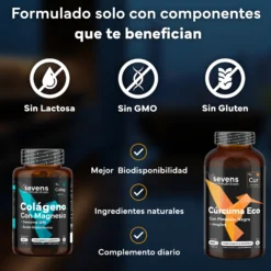 Colágeno Marino Con Magnesio Y Ácido Hialurónico + Cúrcuma Eco. Sevens Nutrition. Huesos, Articulaciones, Piel, Músculos