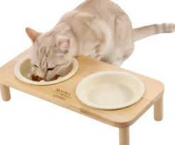 Comedero Bebedero Para Gatos Cala Blanca De Cerámica Y Bambú 2 En 1 Althea Living 38x20x13.5cm